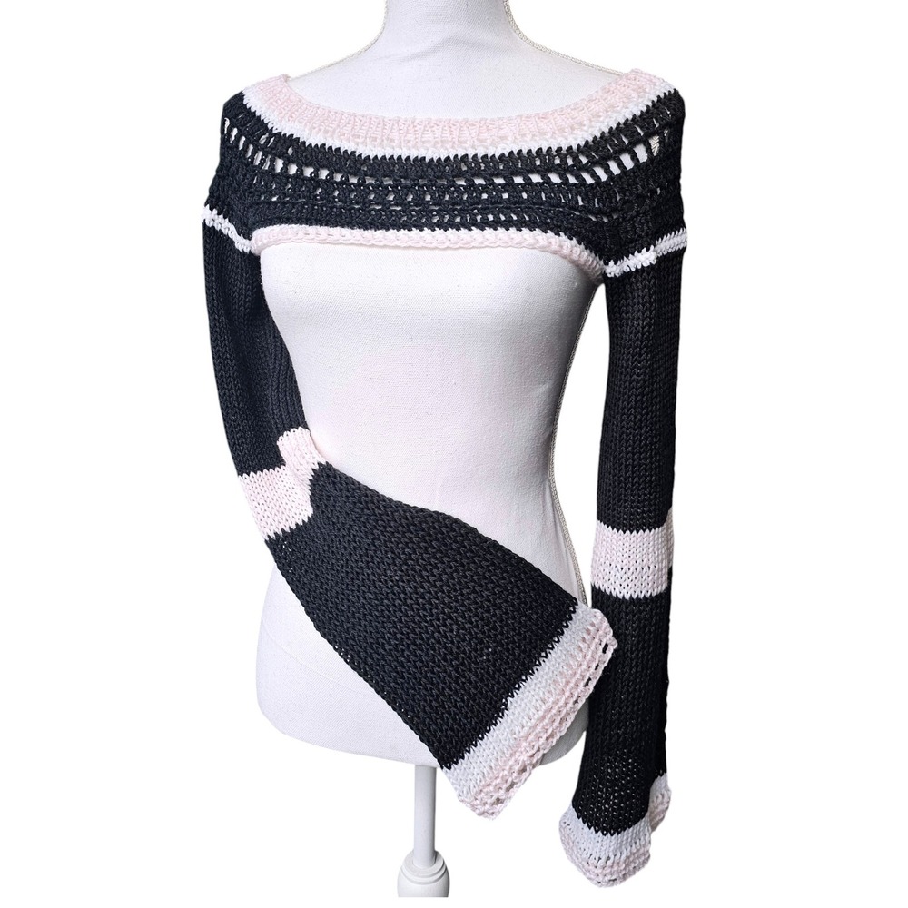 Handmade Crochet Bolero Shrug Women, Black Pink Knit Flared Sleeve, Festival Top